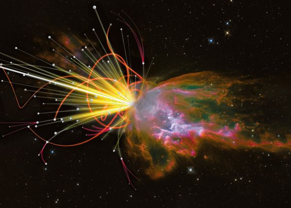 Photo : Vue artistique d’une collision de particules au LHC (© Generalfmv) et Nébuleuse du Papillon (© Nasa, Esa et Hubble SM4 ERO Team) Montage photo : Sylvain Collet