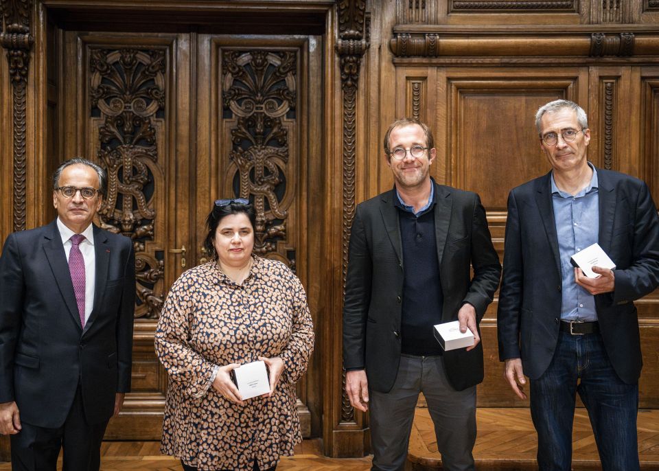 Elyès Jouini, administrateur de l'IUF (à gauche), Hélène Amieva, Tanguy Bernard et Pierre Escudé © Xosé BOUZAS – IUF